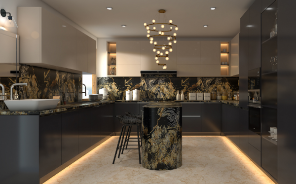 Dapur mewah dan elegan dengan pencahayaan dramatis
